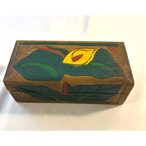 Hand Painted Wooden Trinket Box Floral Leaf Design Decorative Storage Box